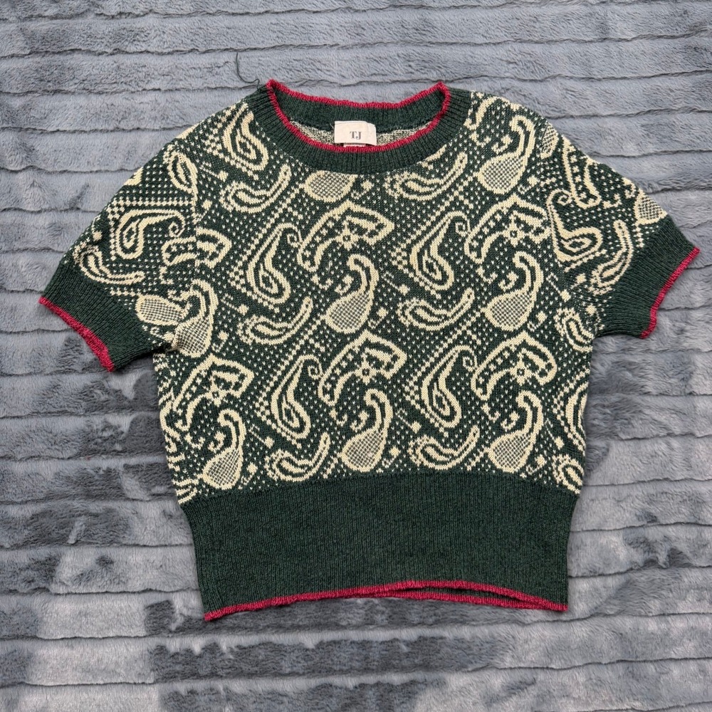 Vintage TJ Green Paisley Knit Short Sleeve Sweater Pink Trim Cotton Blend Large